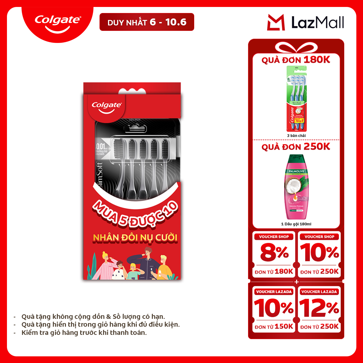 [Chỉ 6-10.6_X2 Voucher giảm 22%] [Tặng 5 bàn chải] Bộ 5 Bàn chải Colgate SlimSoft Charcoal than hoạt tính kháng khuẩn