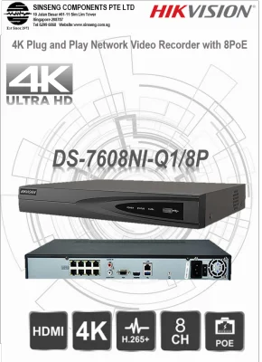 Hikvision 8CH NVR - DS-7608NI-Q1/8P Network Video Recorder CCTV Embedded Plug & Play 4K NVR App:HIK-CONNECT