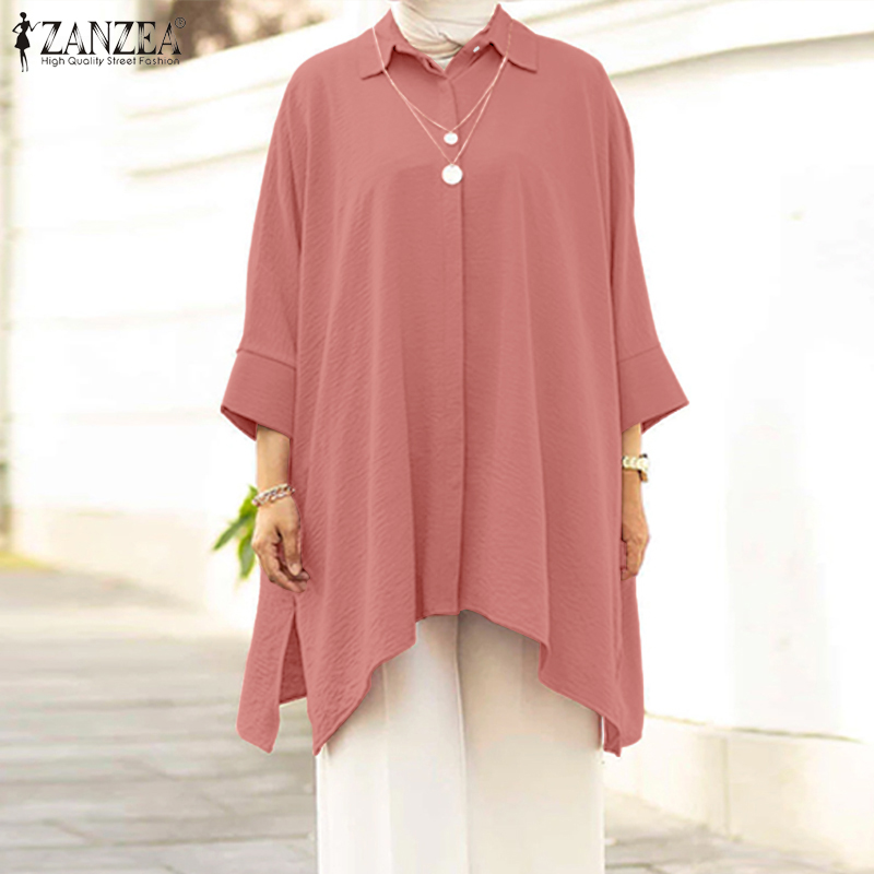 ZANZEA Muslimah Women Muslim Elegant Full Sleeve Texture Shirt Side Split Button Up Lapel Plain Top #0818