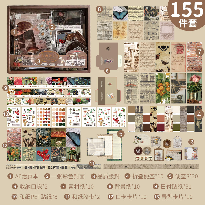 155 Pcs/set Vintage Loose-leaf Book Material Decor Gift Box Set Creative DIY Journal Collage Stationery