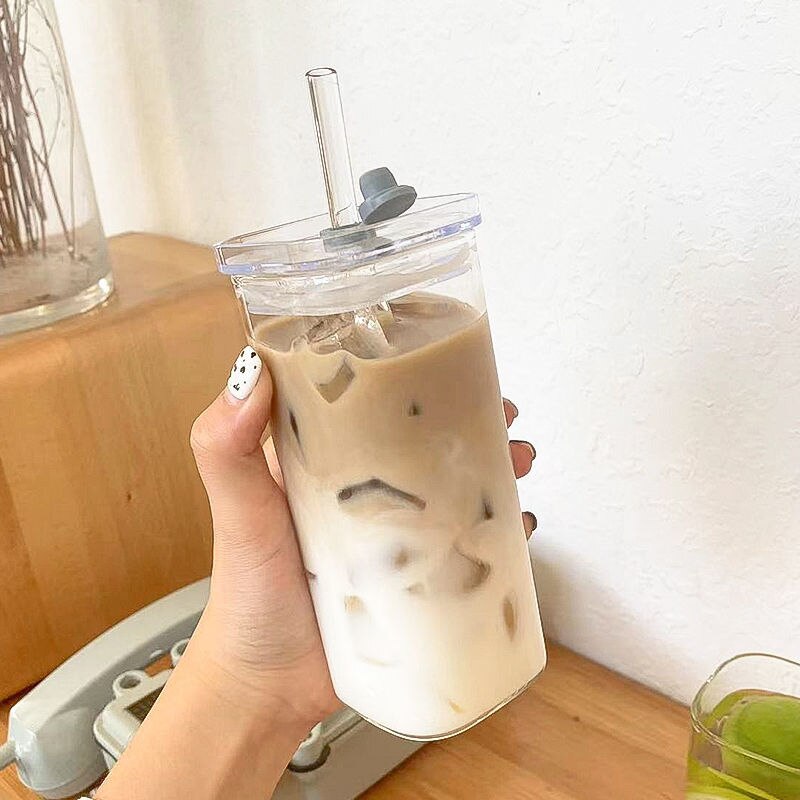 Square Heat Resistant Coffee Glass Cup With Lid and Straw Transparent Milk Tea Juice Cups Coffee Mug For Home Bar Drinkware - 2