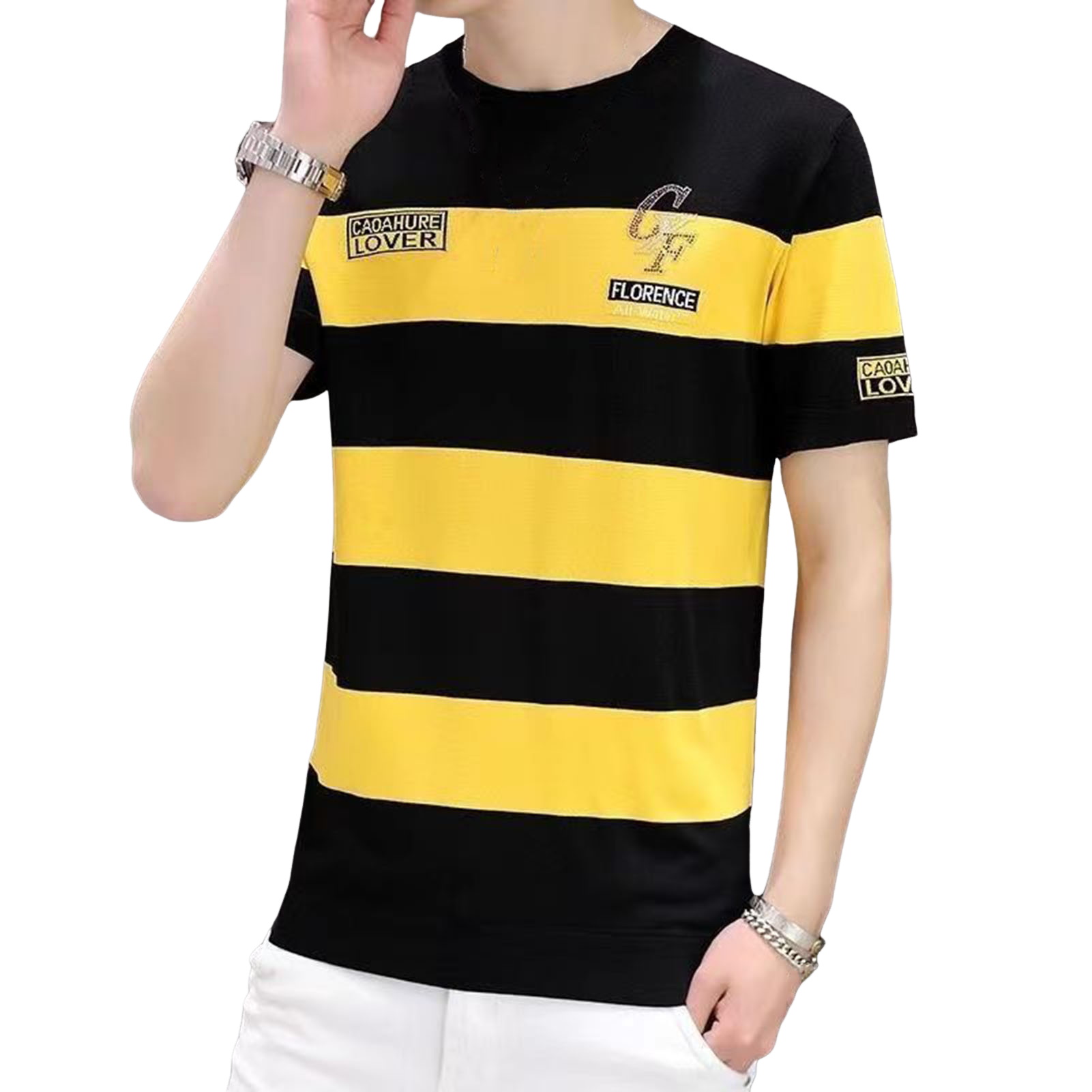 Nam mùa hè T-Shirt Colorblock sọc mỏng thoáng khí tay ngắn lỏng O cổ thư thêu Áo chui đầu ngoại cỡ hàng ngày đơn giản áo công sở