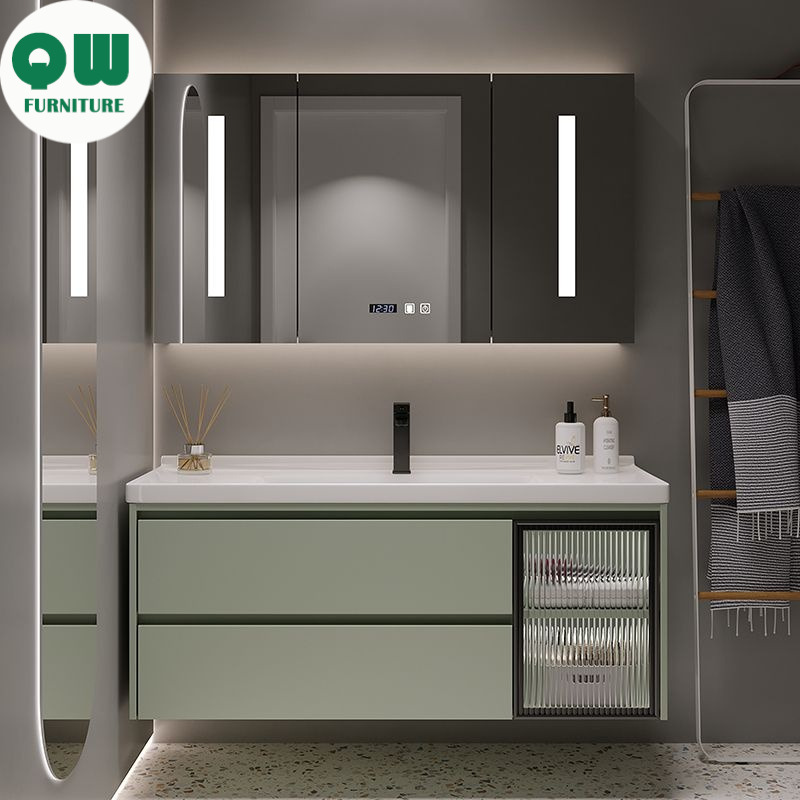 ตู้เก็บของห้องน้ำสีเขียวห้องน้ำตู้กระจกสมาร์ทชุดอ่างล้างหน้าห้องน้ำ ราคา 8,000 บาท*ส่งฟรี