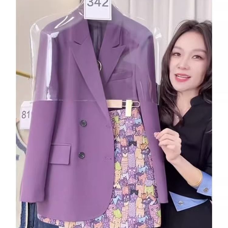 Kayleigh Women 2‑Piece Suit Set Purple Blazer + Cartoon Print Mini Skirt Lapel Double‑Breasted Long Sleeve Office Outfit Set