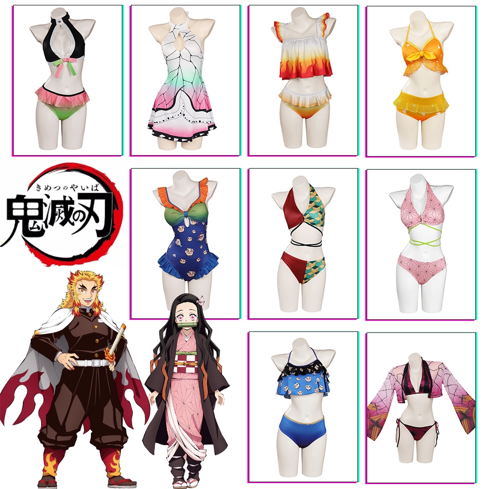 Anime Demon Cosplay Slayer Swimsuit Bikini Women Nezuko Shinobu Cosplay Kimetsu No Yaiba Swimwear Sexy Bathing Suit