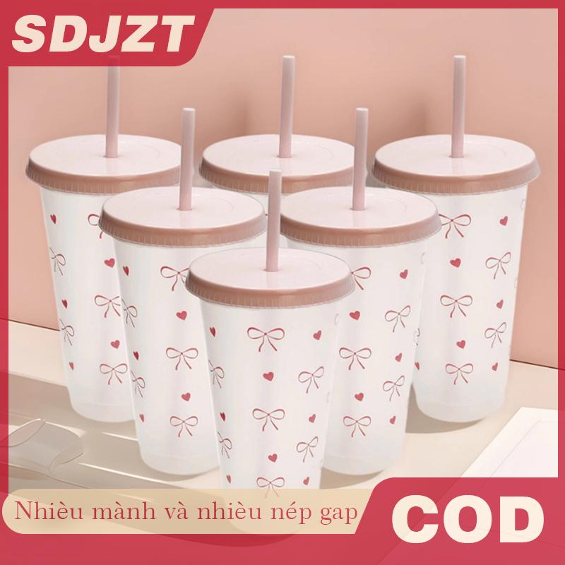SDJZT Kawaii Water Bottle Aesthetic Tumbler For Ice Coffee Juice Tea Cute Bowknot Plastic Cups With 