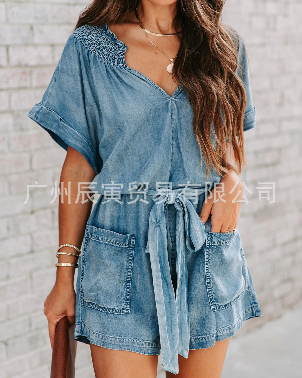 [Bbees] áo liền quần co giãn một mảnh quần jean áo liền quần nữ cổ chữ V Tay Ngắn Vải denim một màu 