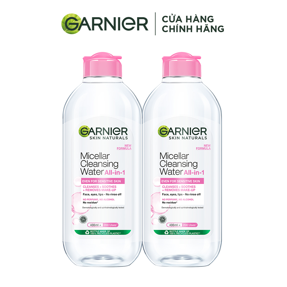 Bộ 2 nước làm sạch và tẩy trang cho da nhạy cảm (nắp hồng) Garnier Micellar Cleansing Water 400mlX2