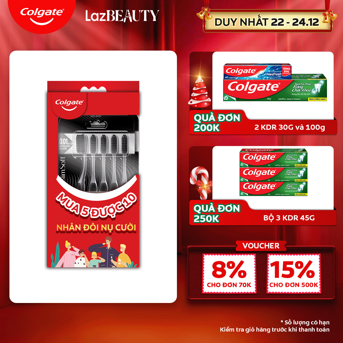 [Chỉ 22 - 24.12_Áp Voucher giảm thêm 8%][Tặng 5 bàn chải] Bộ 5 Bàn chải Colgate SlimSoft Charcoal than hoạt tính kháng khuẩn