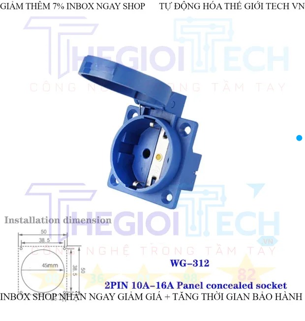 Phích cắm + ổ cắm 2P 16a kết nối kiểu công nghiệp hai lỗ 2 chấu + PE chống nước và chống bụi treo tường ổ cắm 220V 1 PHA - WG-312
