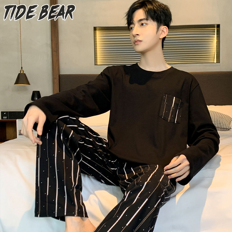 TIDE BEAR Đồ ngủ nam mùa xuân và mùa thu quần dài tay Quần Nam rộng cỡ lớn quần áo ở nhà giải trí thanh thiếu niên có thể mặc bộ đồ