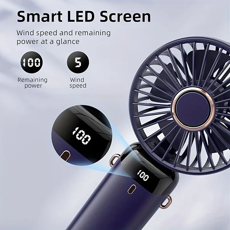 {KM Party} Portable Mini Fan With 6 Speeds LED USB Rechargeable Charging Small Foldable Battery Fans Handheld Desk Bedroom Indoor Outdoor
