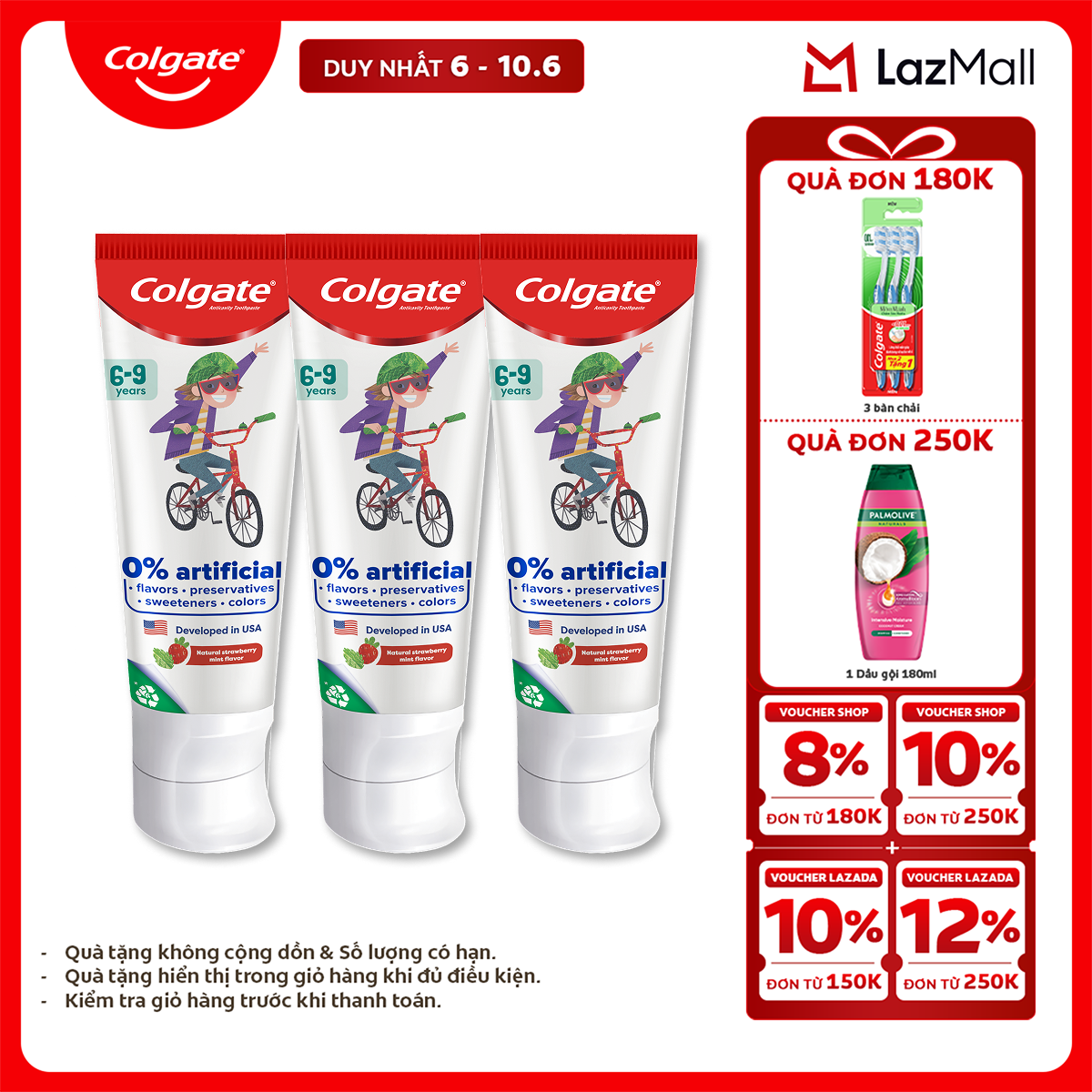 [Chỉ 6-10.6_X2 Voucher giảm 22%] Bộ 3 Kem đánh răng Colgate Kid Free From dành cho trẻ em 6-9 tuổi không hương liệu và chất bảo quản 80g