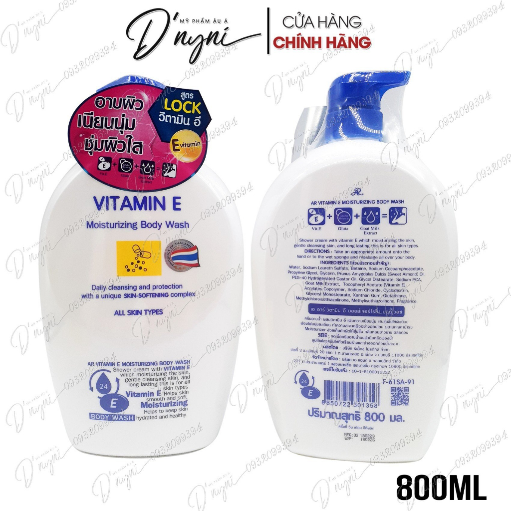 Sữa tắm dưỡng ẩm, trắng da Vitamin E Aron Thái Lan 800ml