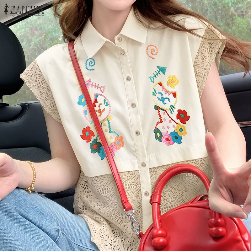 ZANZEA Korean Style Women Vintage Embroidered Lace Patchwork Top Short Sleeve Lapel Shirt #0824