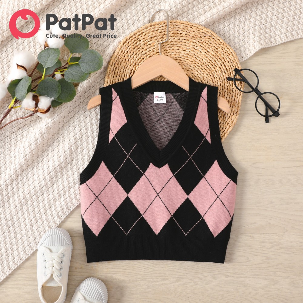 PatPat Kid Girl Diamond Pattern Knit Sweater Vest