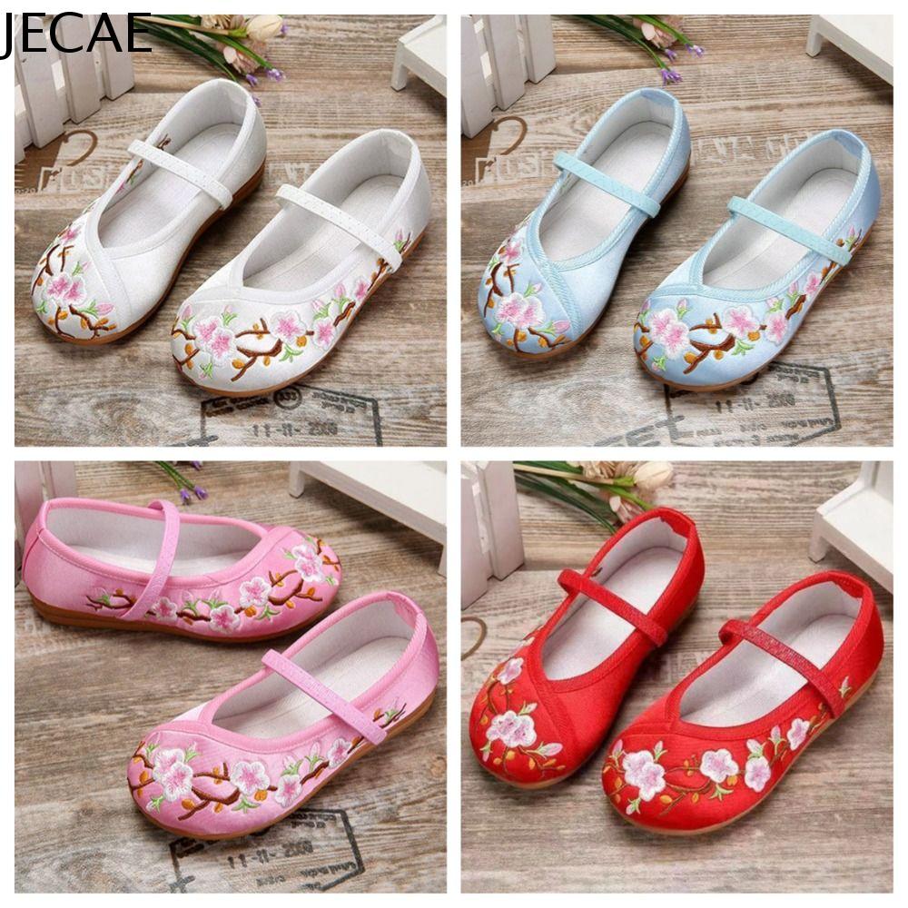 JECAE Đế mềm Giày khiêu vũ cho bé gái Chống mài mòn Phong cách dân tộc Giày Satin Thêu Hoa Dễ thương Thoải mái Dép khiêu vũ Dành cho Nữ