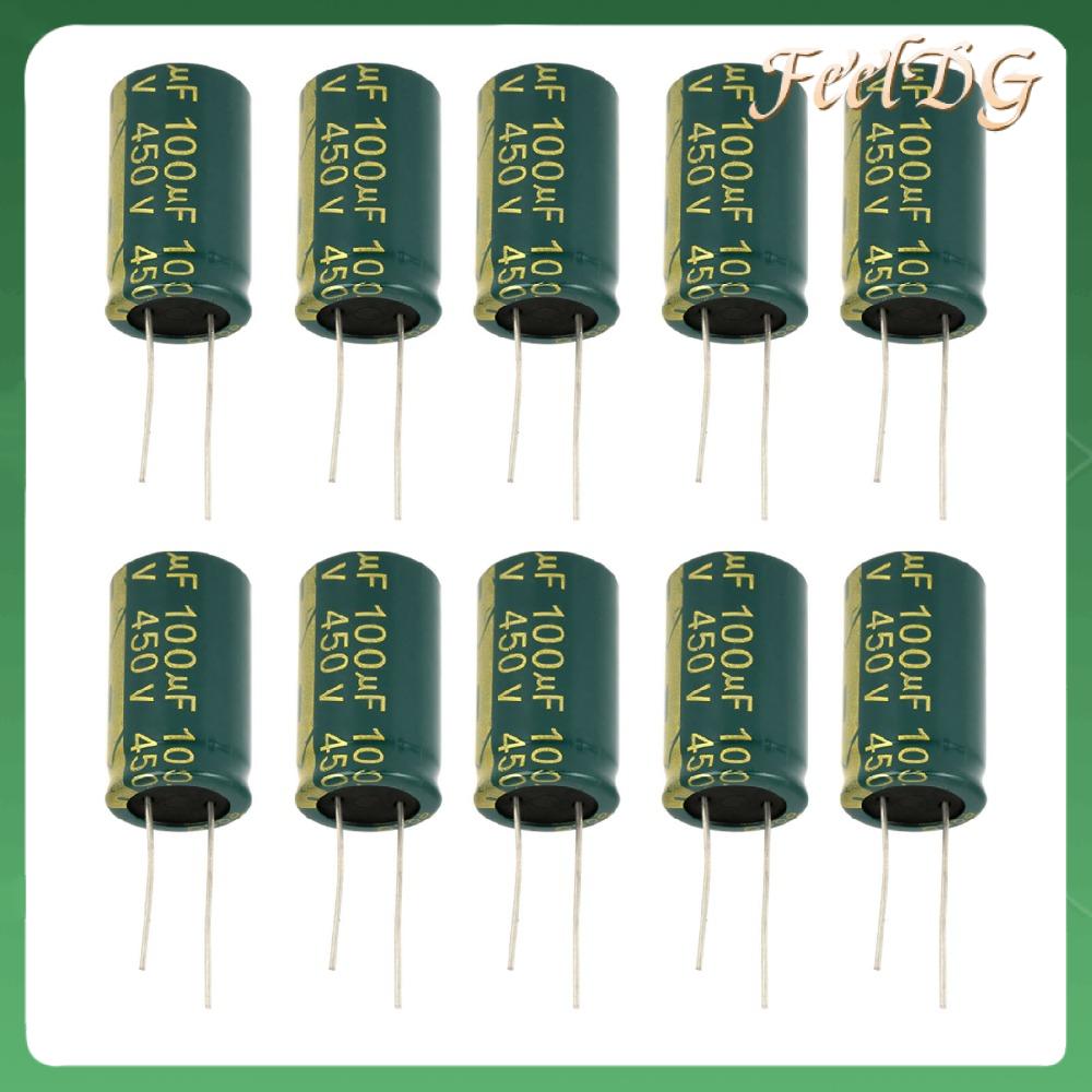 FEELDG 10PCS 100UF Tụ điện Màu xanh lá 450V Tụ điện Radial Bền bỉ Tụ điện điện phân nhôm Dự án tự làm