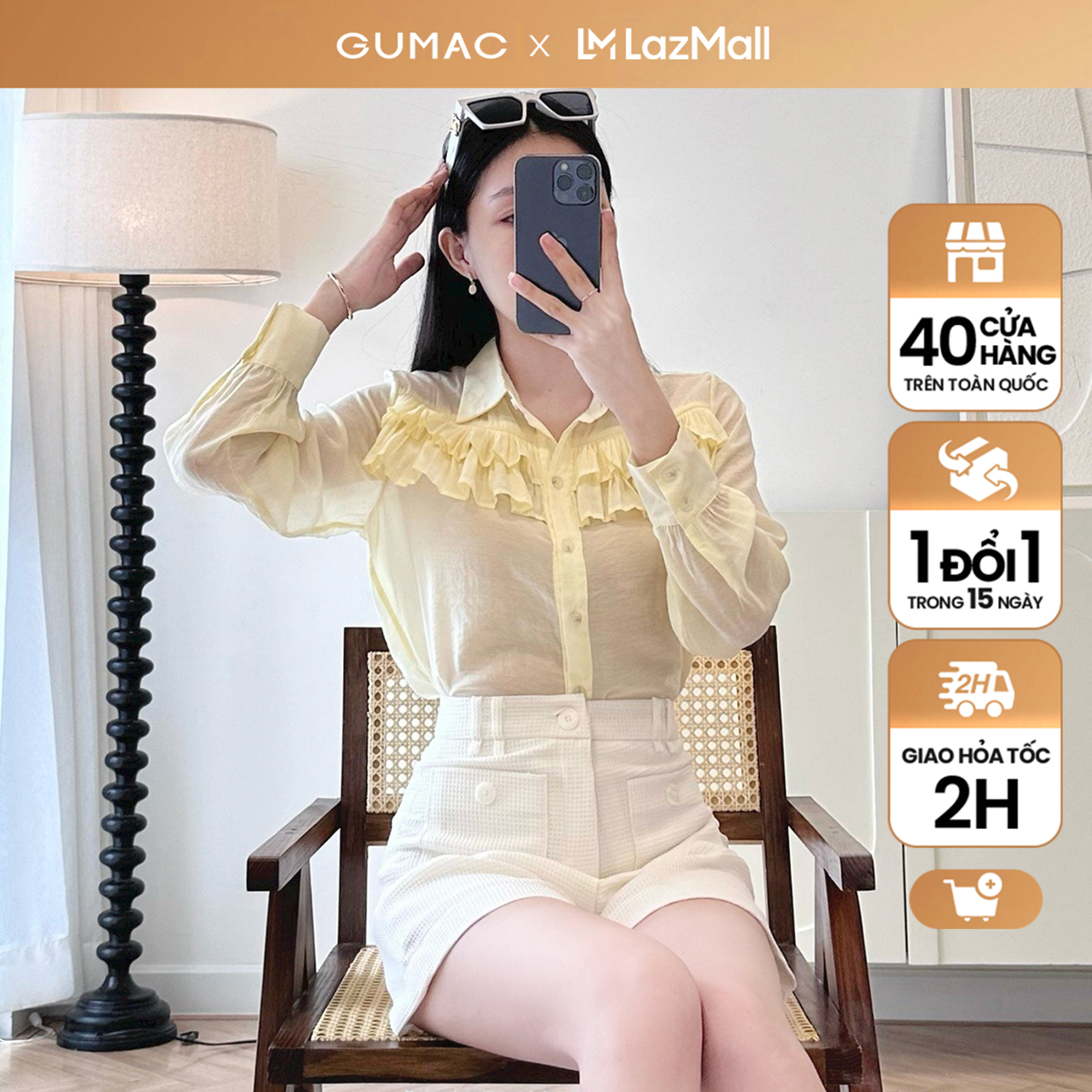 Áo sơ mi nữ GUMAC AD08068 phom rộng vừa tay dài đô trước dập ly 2 tầng vải tơ mềm mại