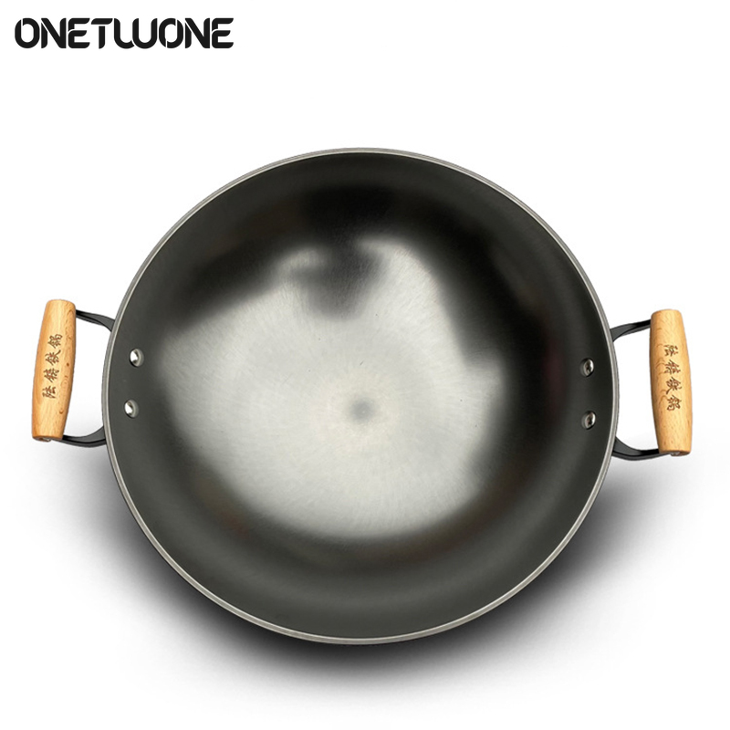 Onetwone 34cm Castiron Wok Non Coating Chinese Wok for Gas Cooker Traditional Handmade Cooking Pot Manual Forging Wok with Two Sides Wooden Handle Chef Fry Wok ราคา 824 บาท*ส่งฟรี