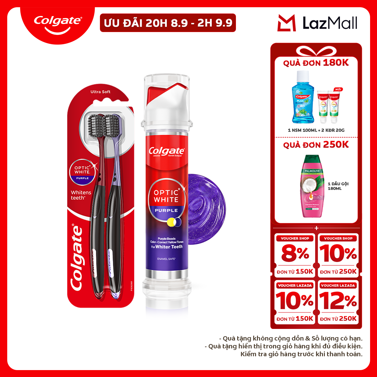 Colgate Optic White Purple Toothpaste Set 130g Smart Dispenser and 2 Teeth Whitening Brushes
