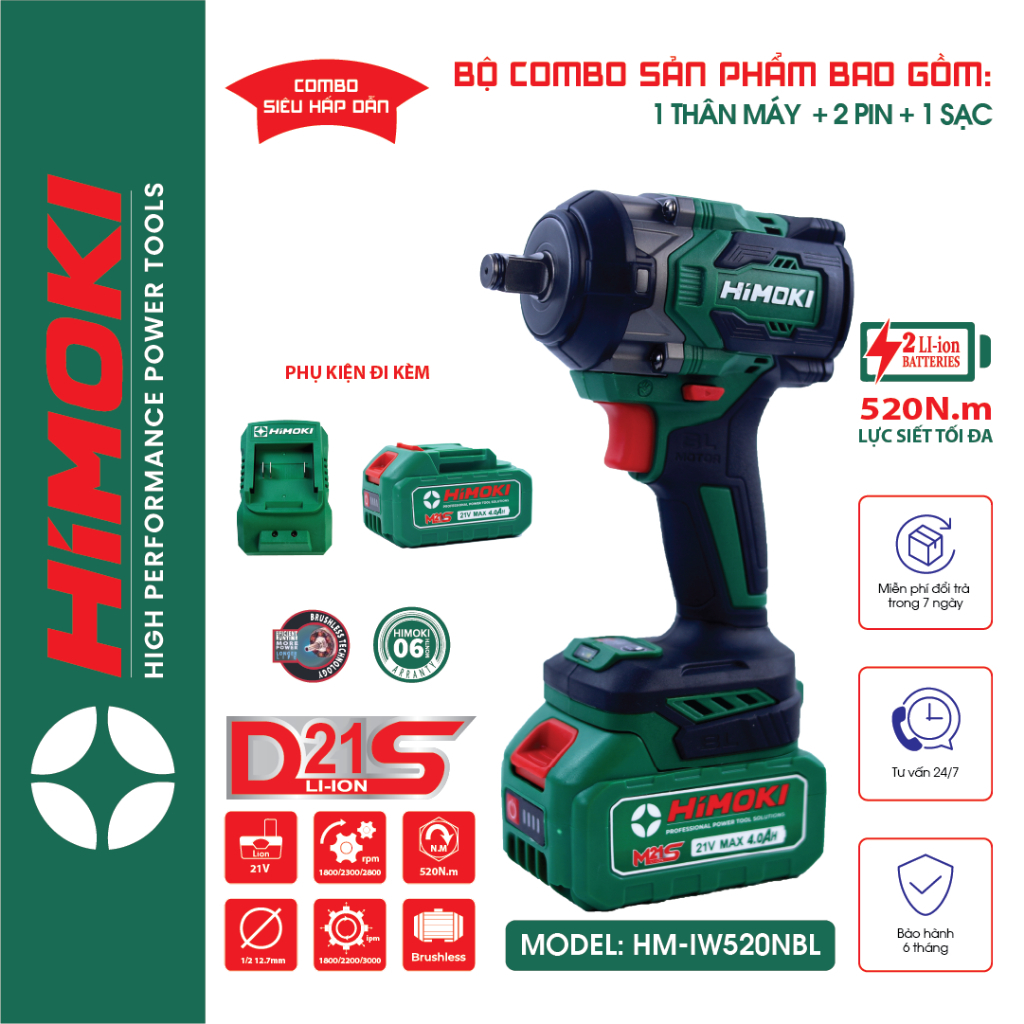 Siết bulong Himoki HM-IW520NBL Không Chổi Than - Máy bắn ốc Himoki chân pin phổ thông lõi đồng 100% 