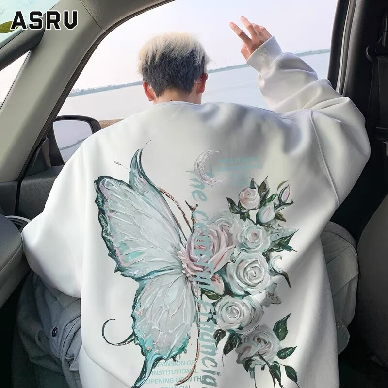 ASRV áo hodie áo khoác hoddie áo hoodie đi học sweater áo thu đông Áo nỉ in hình bươm bướm cổ điển cho nam Áo nỉ cổ tròn mới đa năng Áo Cặp Đôi đơn giản rộng