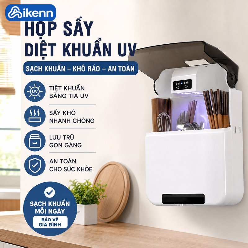 Aikenn Máy sấy khử trùng đũa thìa UV hộp đựng dụng cụ ăn uống tiệt khuẩn chống ẩm chống mốc hẹn giờ treo tường nhỏ gọn