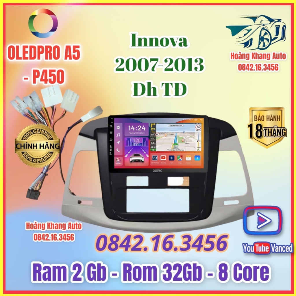 Màn Hình Android OLEDPRO A5 _ P450 theo xe innova 2007_2013, Đh tự động kèm dưỡng 9 inch và jack nguồn zin -