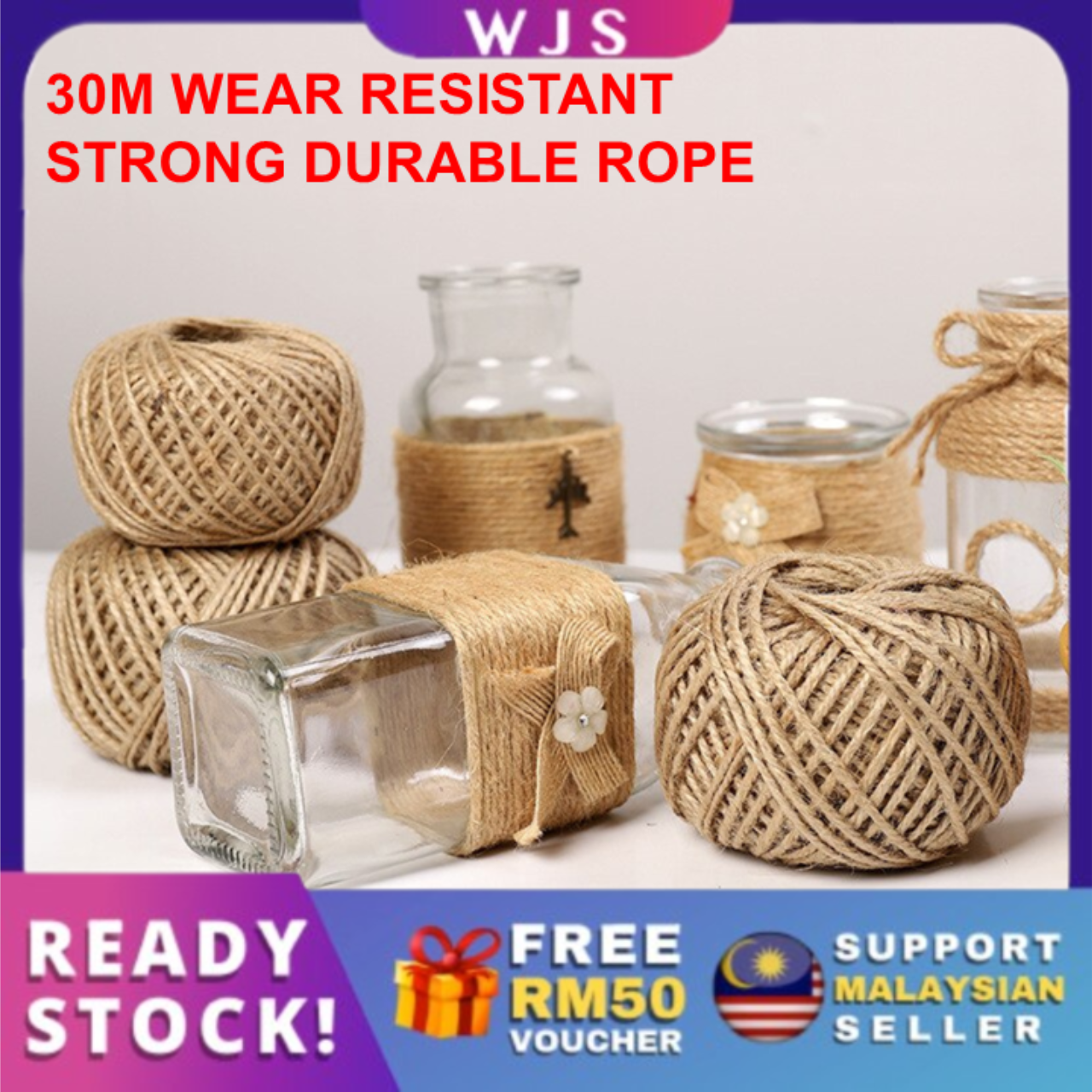(30M WEAR RESISTANT) WJS Jute Line String Jute Twine Rope Natural Brown Jute Twine String Cord Craft Making DIY Rustic Craft String Cake Decor Vintage Craft DIY Art Project Gift Tali Rami Guni 麻绳 [FREE RM 50 VOUCHER]