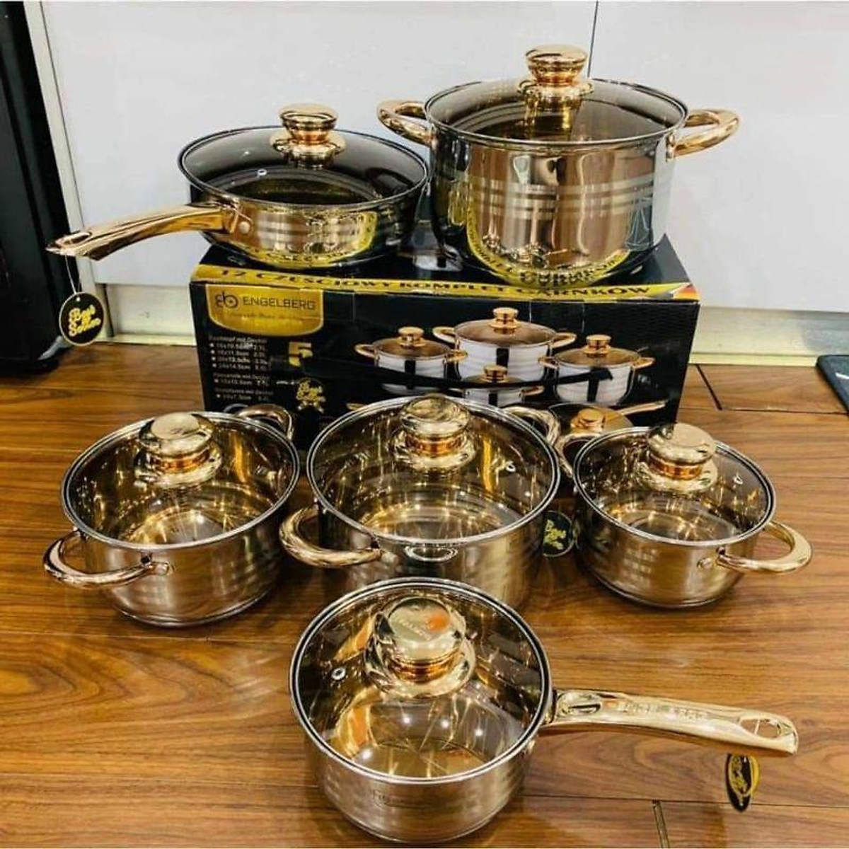 Bộ nồi 6 món 12 chi tiết của đức đáy từ 5 lớp vung kính cao cấp
