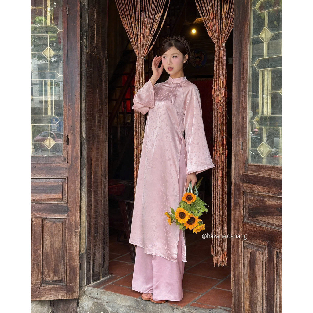 G002 Áo dài cách tân gấm hoa cổ cao dáng suông tay loe dài thanh lịch diện Tết dạo phố Hội An - Mie