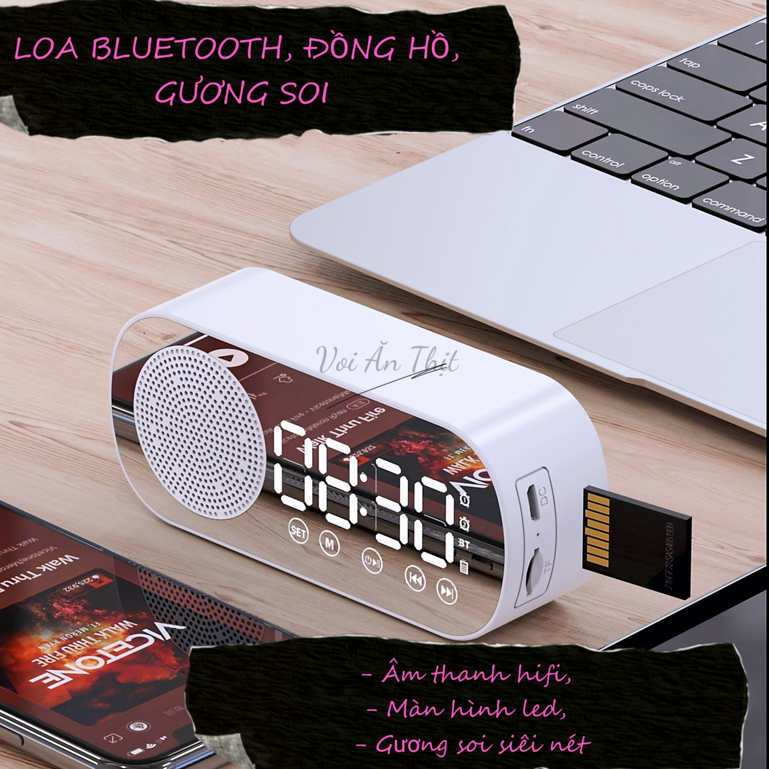 Giá bán Đồng hồ để bàn, đồng hồ báo thức hiển thị đèn led kiêm loa bluetooth 5.0 có khe cắm thẻ nhớ, có thể dùng làm gương soi SVAT002 Shop Voi Ăn Thịt