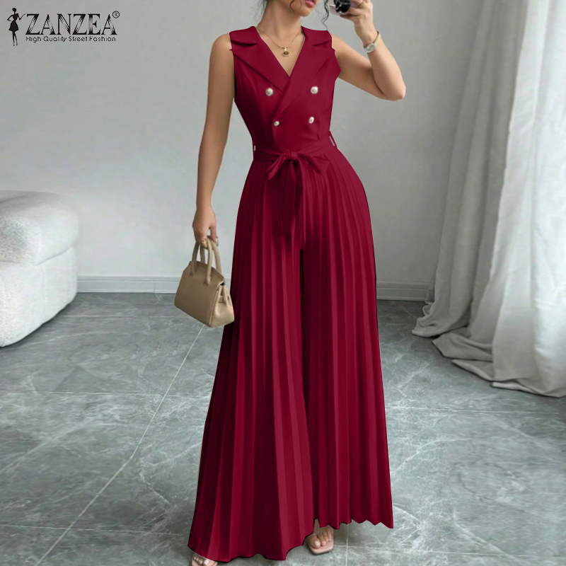 Hijabfab ZANZEA thời trang nữ không tay đôi ngực jumpsuits quần ống rộng Overalls #0526