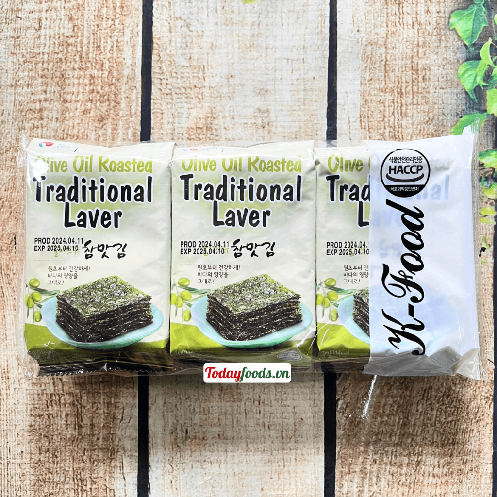(Lốc 3 Gói) Rong biển / Lá kim tẩm dầu Oliu ăn liền K-Food giòn, thơm, gia vị vừa miệng (3 Gói x 4G)
