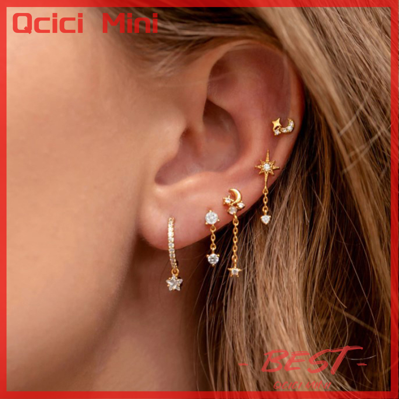Qcici mạ Vàng Bộ Bông tai cho thời trang nữ piercing đá Zircon tinh xảo Bông tai đinh tán chuỗi bông tai thả 2023 đồ trang sức