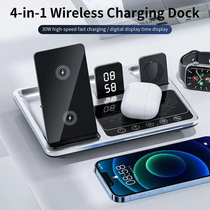 Cảm Ứng Thông Minh 4 Trong 1 Điện Thoại Không Dây Trạm Sạc nhanh Pad Với đèn LED đồng hồ kỹ thuật số Cho Apple Đồng Hồ Iphone Airpods Samsung
