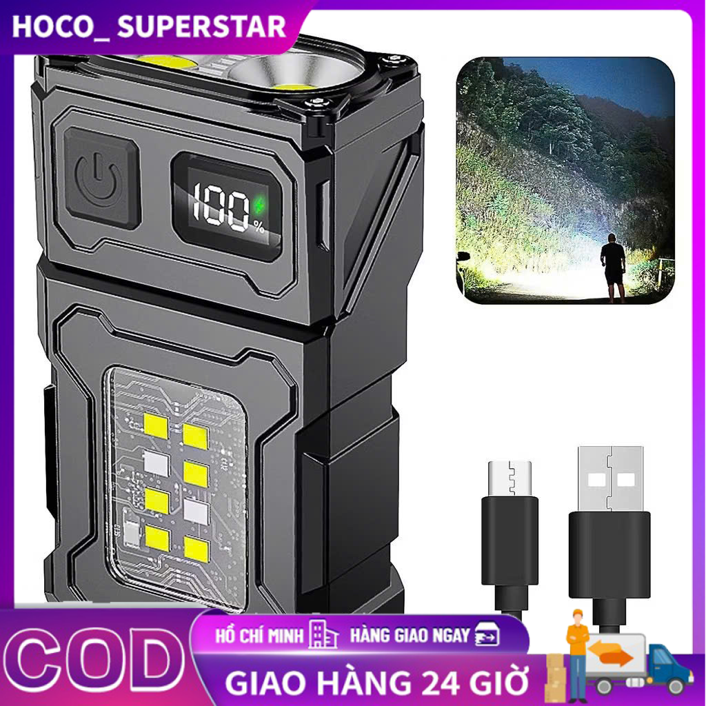  Đèn pin mini có nam châm đèn bên sạc Type-C Đầu Xoay,Đèn sửa chữa có móc gài 