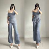 ZEALO Angie One Off Shoulder Top and Flare Pants Terno Coordinates Set Bark Crepe