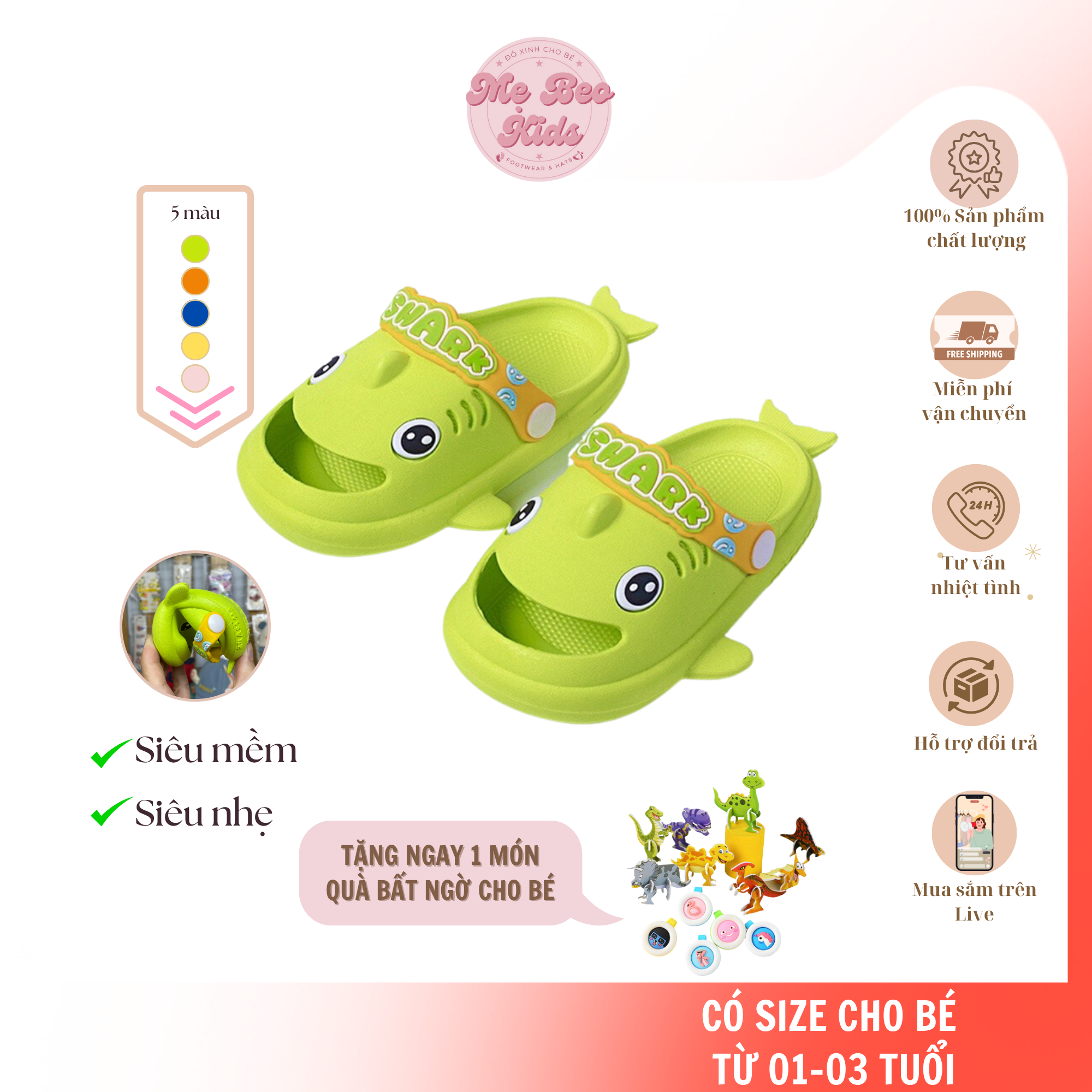 Dép sục Cá Mập hở mũi Dép trẻ em dép chống trơn trượt hoạt hình Baby Shark dễ thương, không mùi nhựa