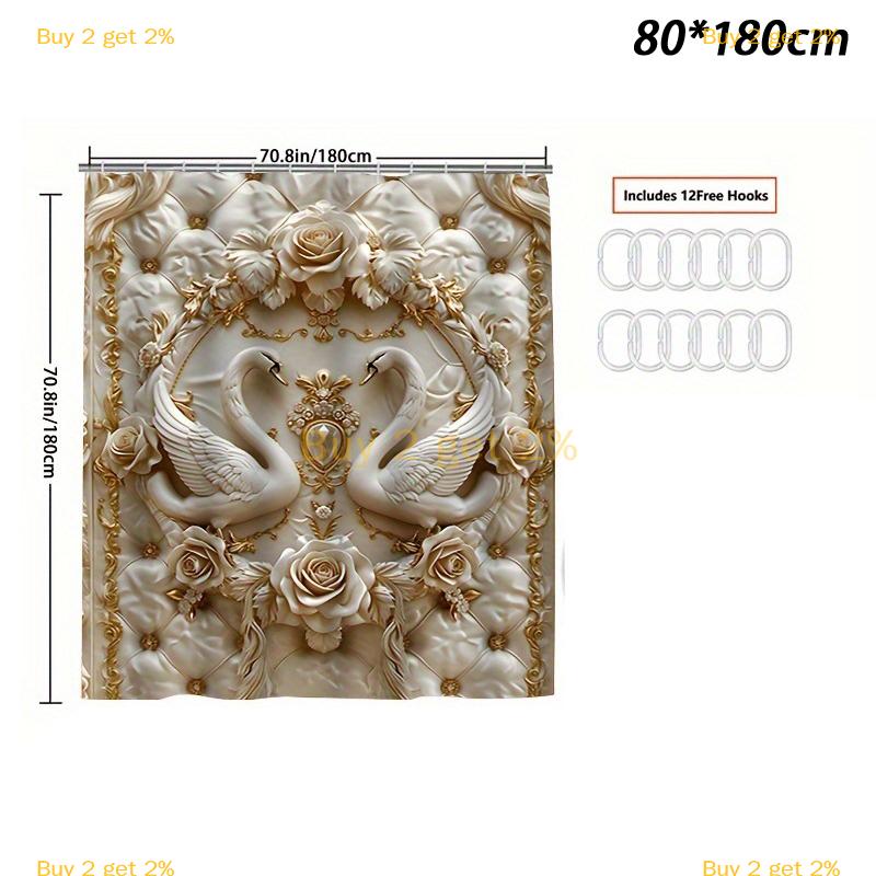 [JW] Waterproof Golden Swan Shower Curtain Mildew Resistant Polyester Bathroom Curtain With Rustproof Grommets Home Decor - 7