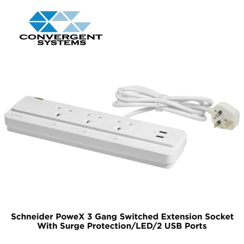 Schneider Electric PoweX 13A 3 Gang Switched Extension Socket with Surge Protection, LED & 2 USB Port EPB4BBSU