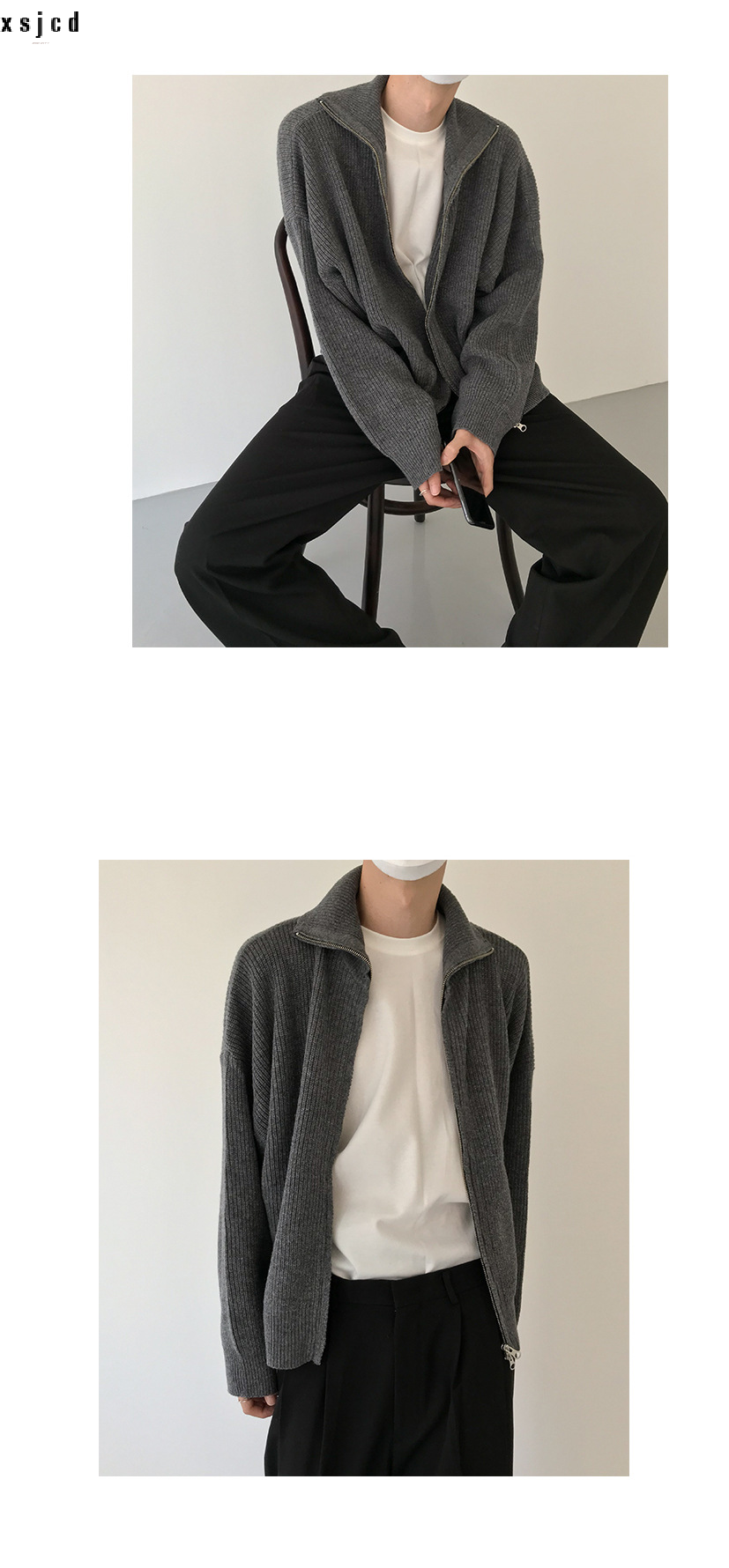 xsjcd Cardigan sweater jacket men's autumn and winter Hong Kong style solid color sweater trendy design casual stand-up540_voghion.com