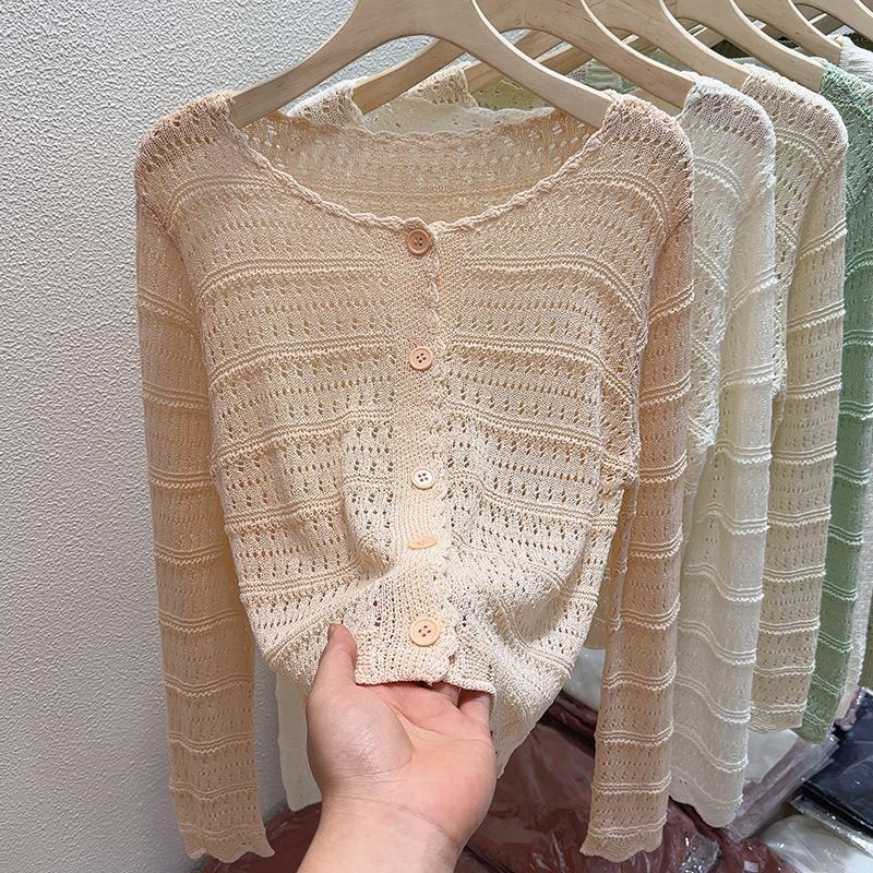 Áo len nữ áo khoác áo len mỏng lưới tay áo dài dệt kim Áo len cardigan chống nắng