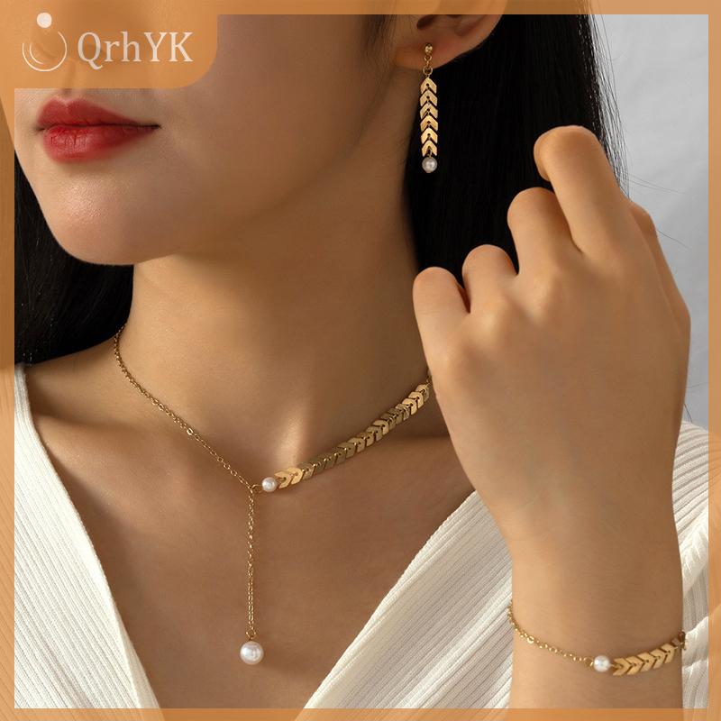 QrhYK Đơn giản lúa mì tai ngọc trai vòng đeo tay vòng cổ bông tai trang sức thiết lập cho phụ nữ tính khí may mắn màu vàng Vòng đeo tay quyến rũ đồ trang sức