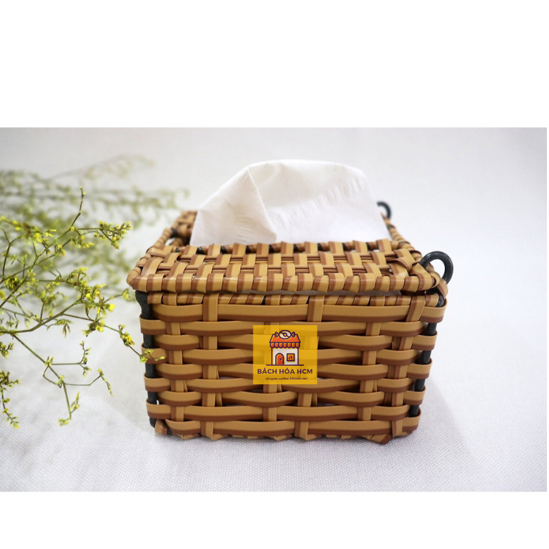 Hộp khăn giấy nhựa giả mây hình vuông, hộp khăn giấy vuông mây khung sắt bền đẹp đựng giấy ăn quán ăn và gia đình
