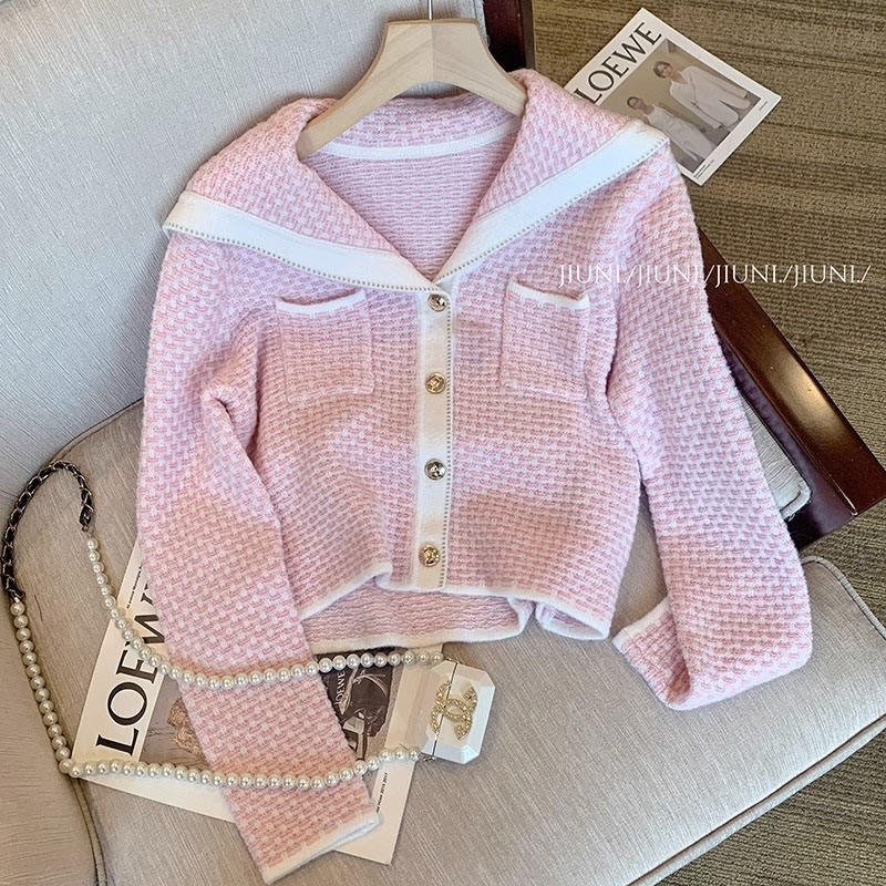 2023 Hot Thiết kế cao cấp màu hồng thời trang mỏng cổ áo len dệt kim cardigan nữ mùa thu phong cách Pháp mới ngọt ngào và mềm mại