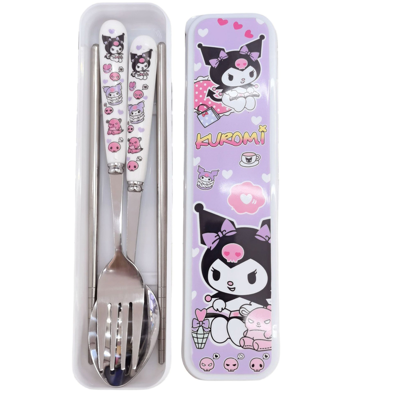 FF Peralatan Makan Kartun Baja Tahan Karat Set Peralatan Makan Sanrio Garpu Sendok Sumpit Portabel Siswa COD