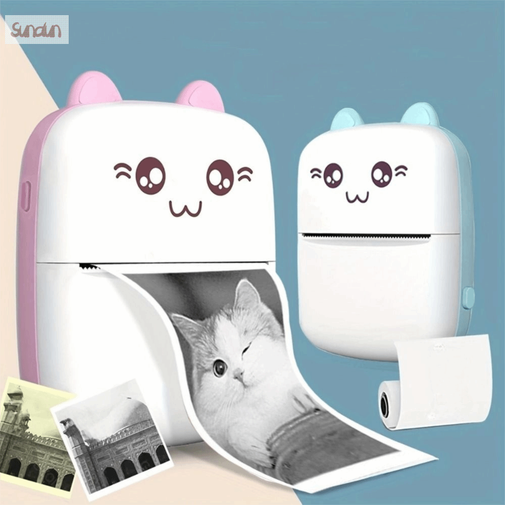 SUNDUN Di động Máy in nhiệt Hình con mèo Nhẹ Máy in cáp USB Giấy biên nhận mini Máy in nhãn nhiệt bỏ túi In Ảnh