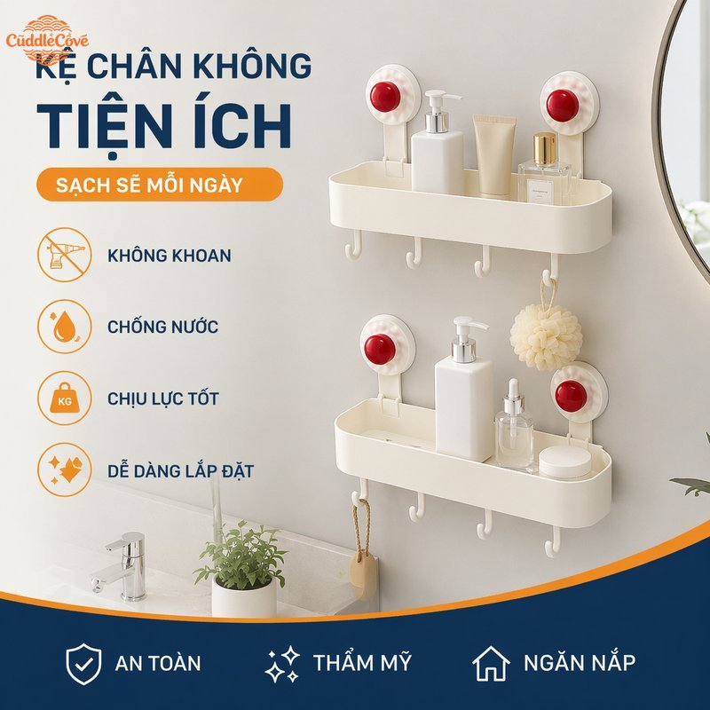 CuddleCove kệ góc phòng tắm hít chân không giá để đồ chống nước chịu lực nhựa abs không khoan tường decor nhà tắm